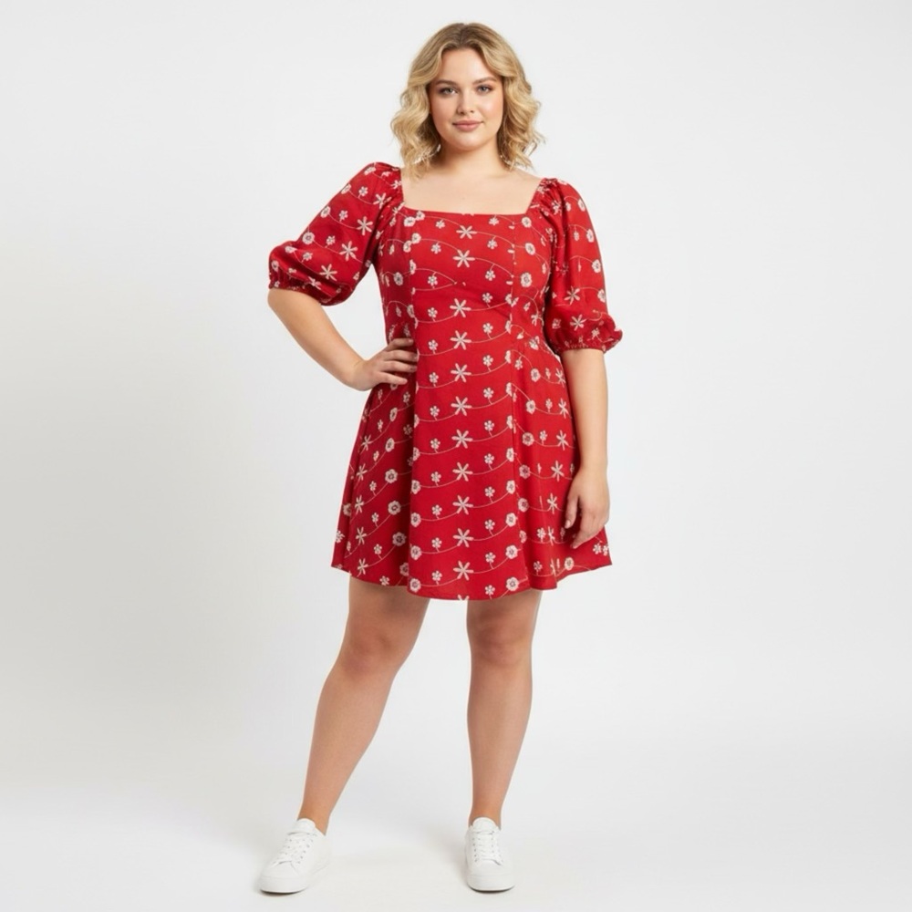 Red Floral Women's‎ Mini Dress Puff Sleeve Garter Back & Sleeves size Medium